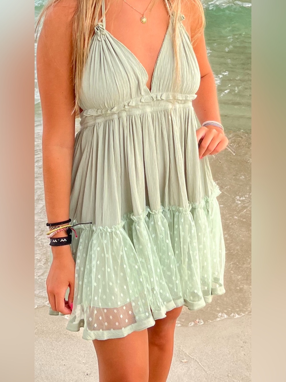 Altar'd State Light Sage Polka-Dot Tiered Mini Dress